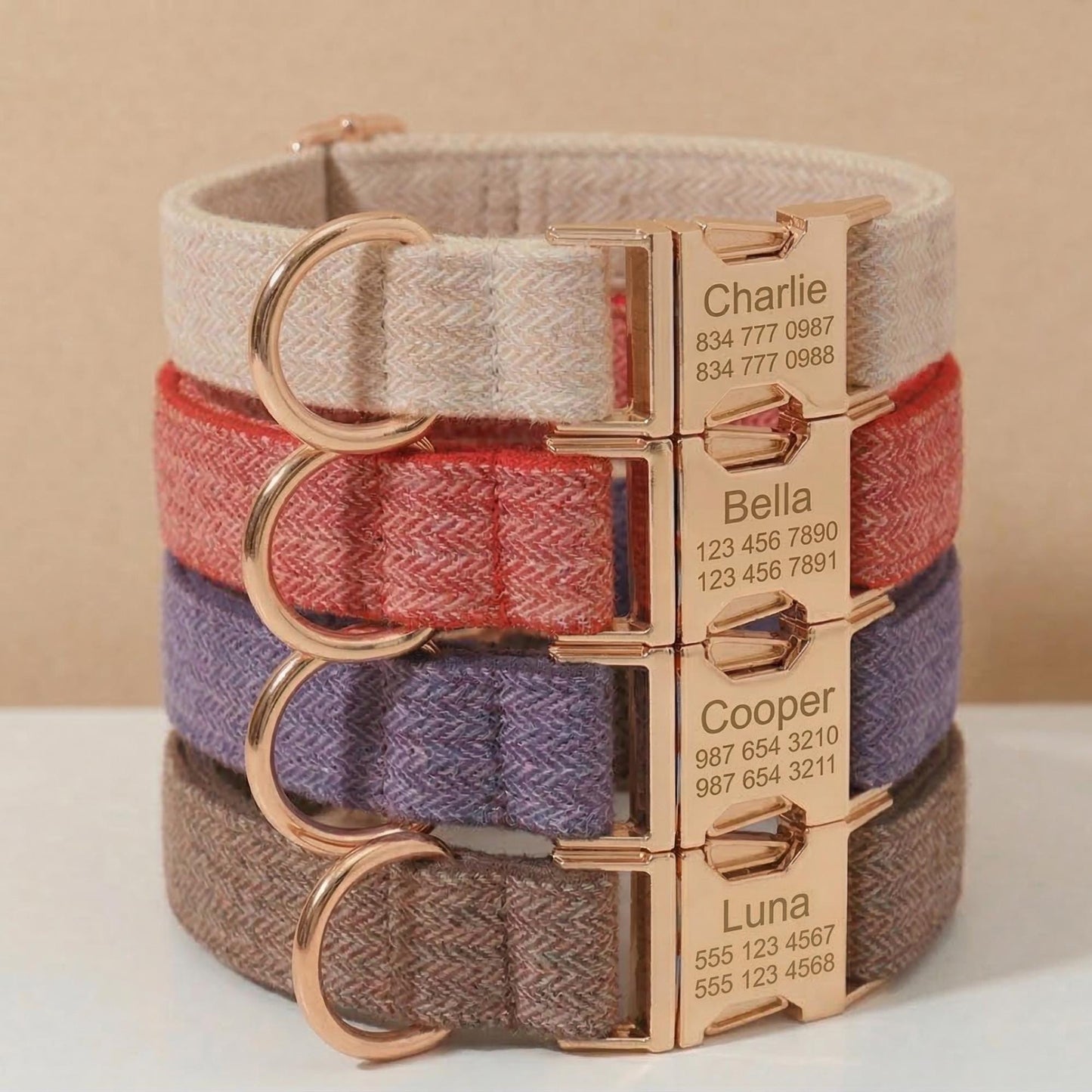 Personalized Red Tweed Dog Collar with Engraved Gold Buckle – Bow Tie Pet Accessory