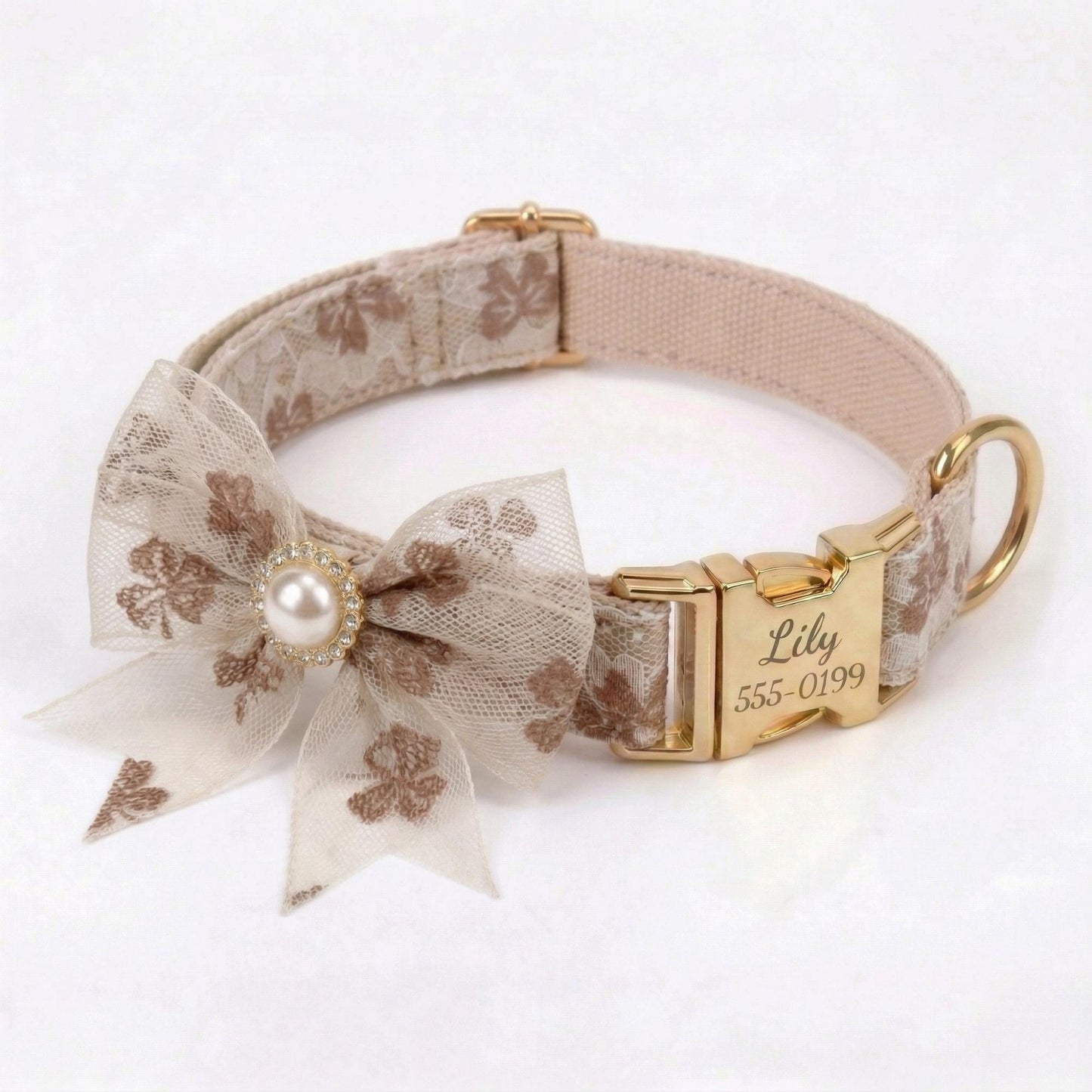 Personalized Pink Lace Dog Collar with Engraved Buckle, Bowtie Leash Set