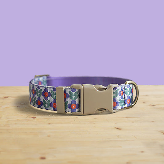 Purple Rose Floral Dog Collar and Leash Set, Personalized Engraved Buckle