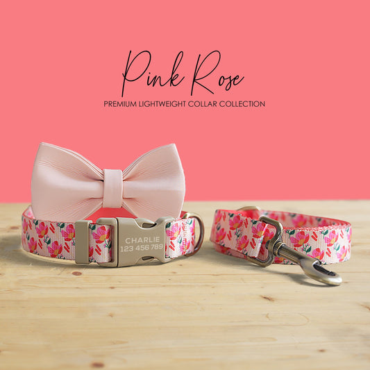 Pink Rose Floral Dog Collar and Leash Set with Bowtie, Personalized Name Buckle
