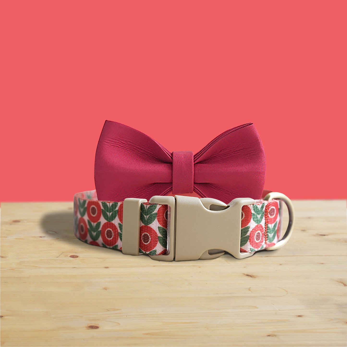 Red Sunflowers Dog Collar, Leash, Bowtie with Engraved Name Buckle