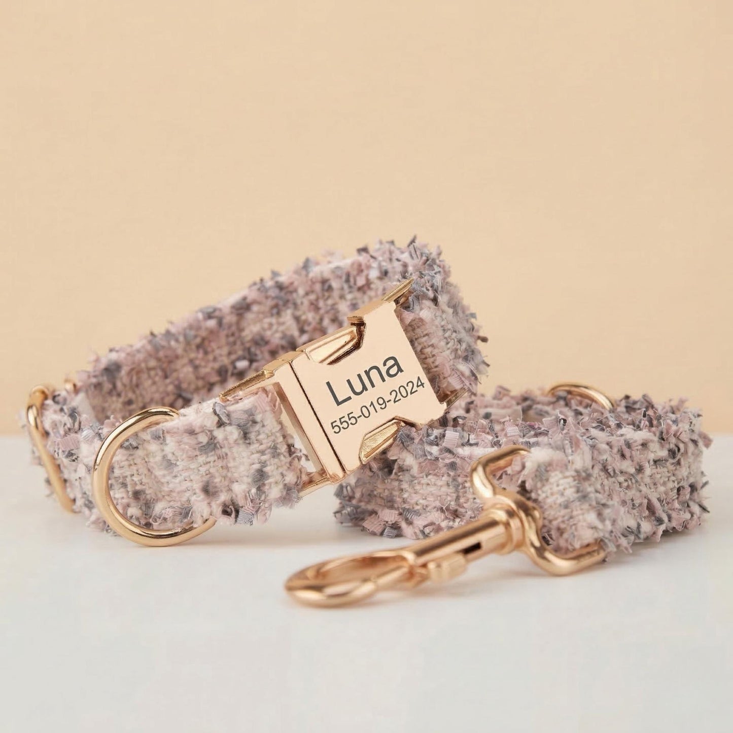Personalized Tweed Dog Collar Leash Set, Engraved Gold Buckle, Stylish Pet Accessory