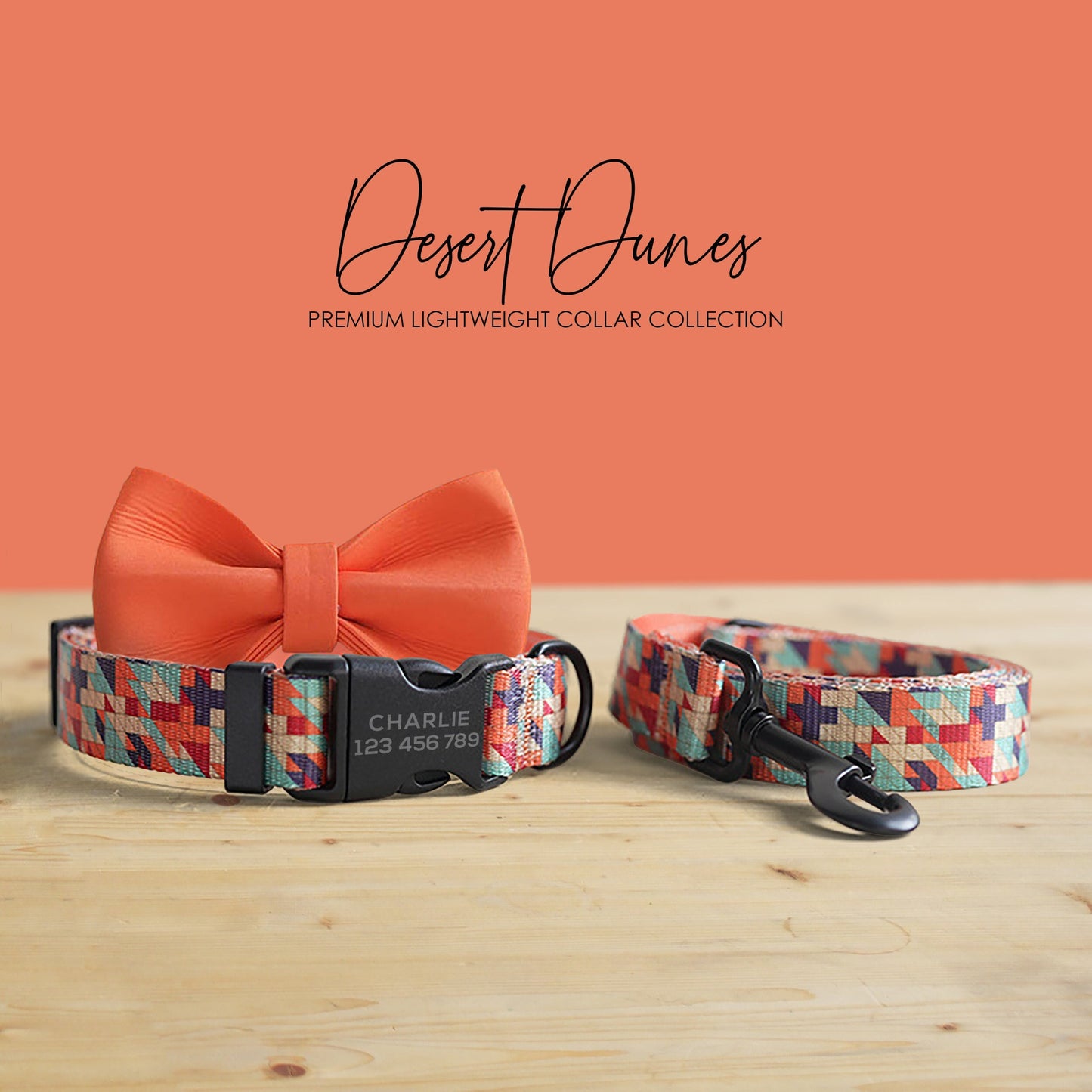Personalized Dog Collar, Desert Dunes Pattern, Lightweight Nylon, Engraved Buckle