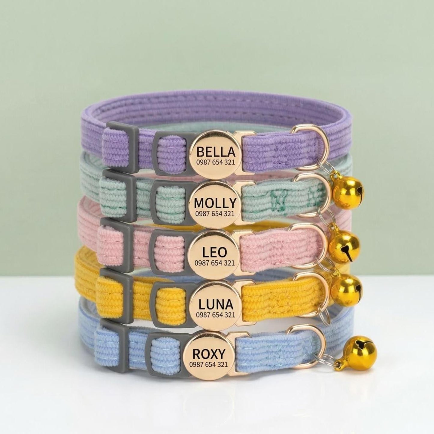 Lavender Corduroy Solid Color Cat Collar with Bell, Personlised Breakaway Safety Buckle, Adjustable