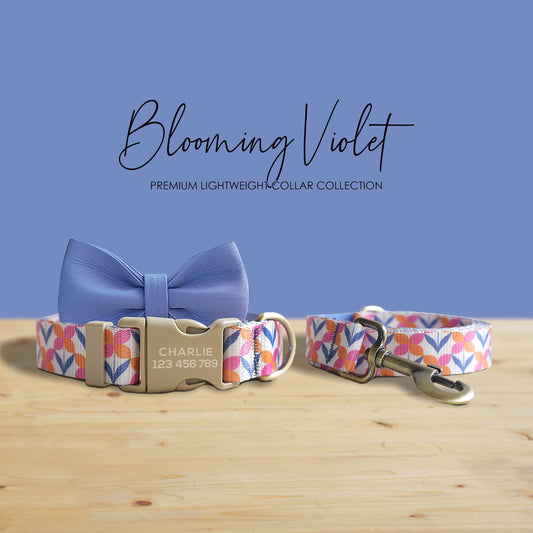Violet Floral Dog Collar | Lightweight Personalised with Engraved Name Buckle, Leash | Bowtie