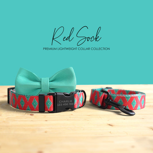 Personalized Dog Collar and Leash Set, Red Green Pattern, Engraved Name Buckle
