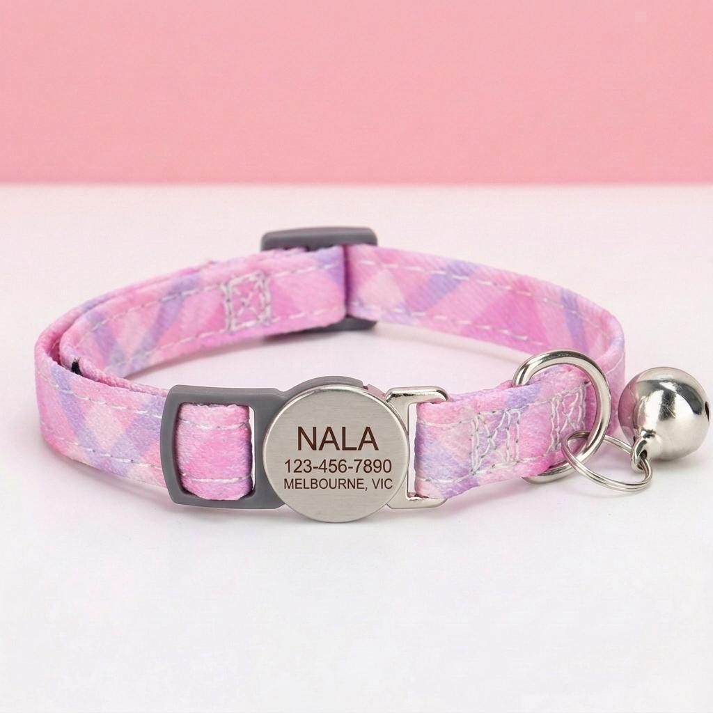 Personalized Floral Cat Collar, Engraved ID Tag, Breakaway Buckle, Adjustable Kitten Collar