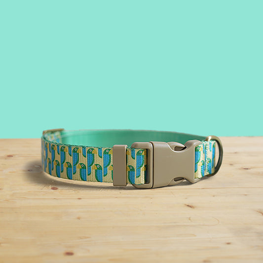 Personalized Green Parrot Dog Collar and Leash Set, Engraved Name Buckle