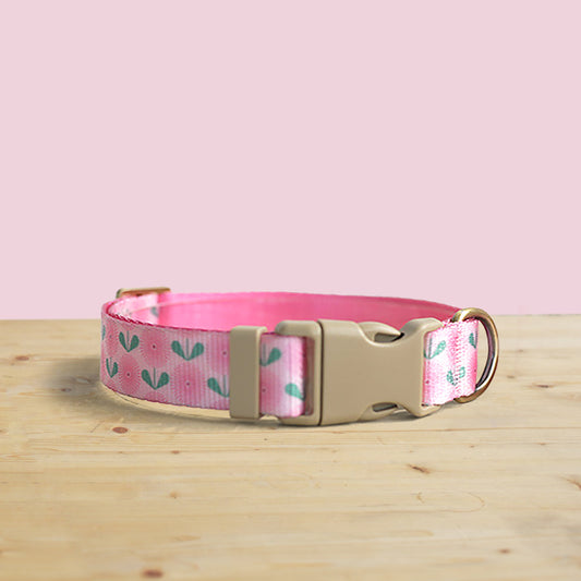 Pink Dandelion Dog Collar Leash, Personalized Engraved Name Buckle, Nylon Fabric, Handmade Pet Accessory