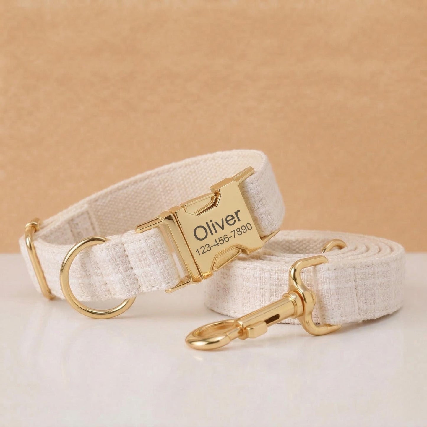 White Dog Collar with Name, Personalized Engraved Bouclé Tweed Dog Collar, Matching Leash Bow Walking Set, Fabric Collar with Gold Buckle