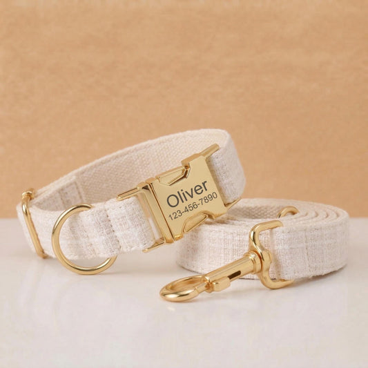 White Dog Collar with Name, Personalized Engraved Bouclé Tweed Dog Collar, Matching Leash Bow Walking Set, Fabric Collar with Gold Buckle