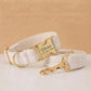 White Dog Collar with Name, Personalized Engraved Bouclé Tweed Dog Collar, Matching Leash Bow Walking Set, Fabric Collar with Gold Buckle