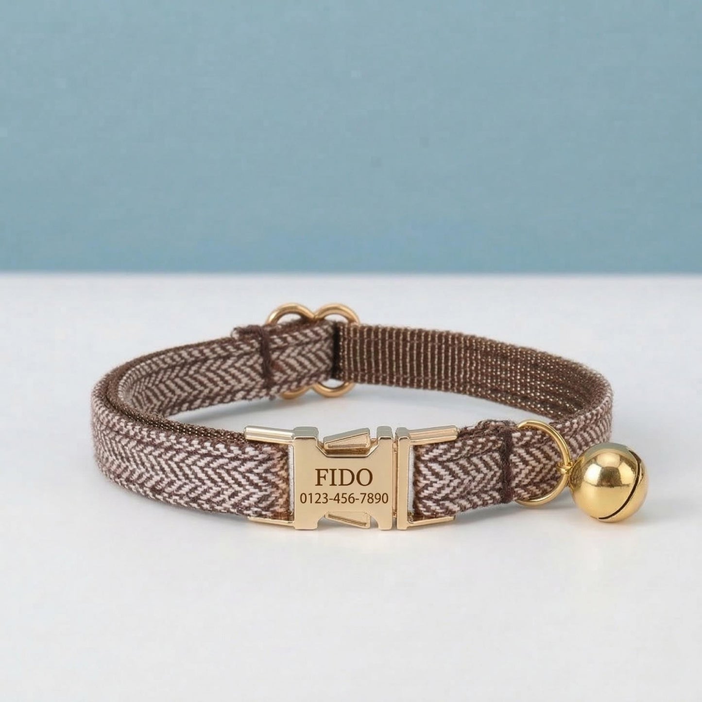 Personalized Tweed Cat Collar, Engraved Name Pet Collar, Gold Buckle, Adjustable Fit
