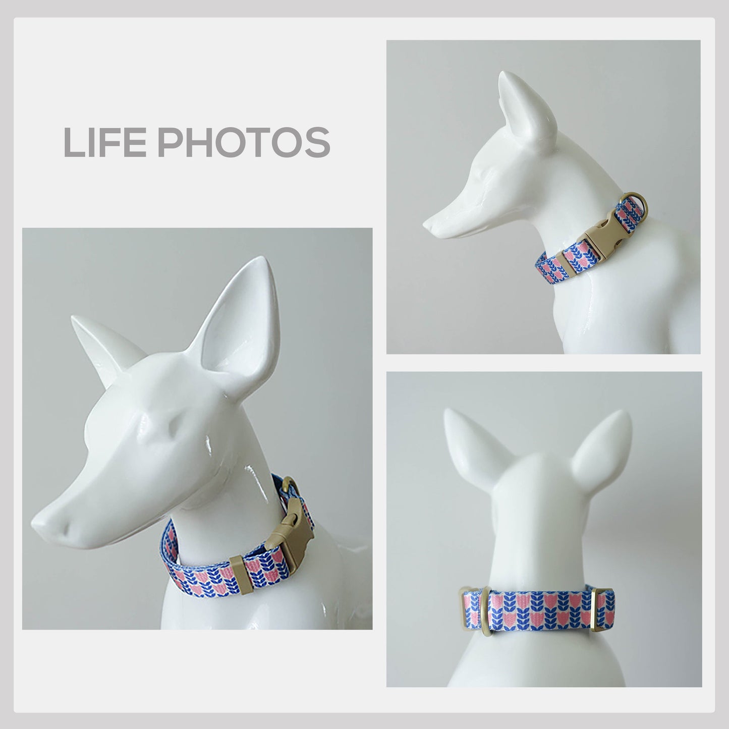 Personalized Blue Tulip Dog Collar and Leash Set, Engraved Name Buckle