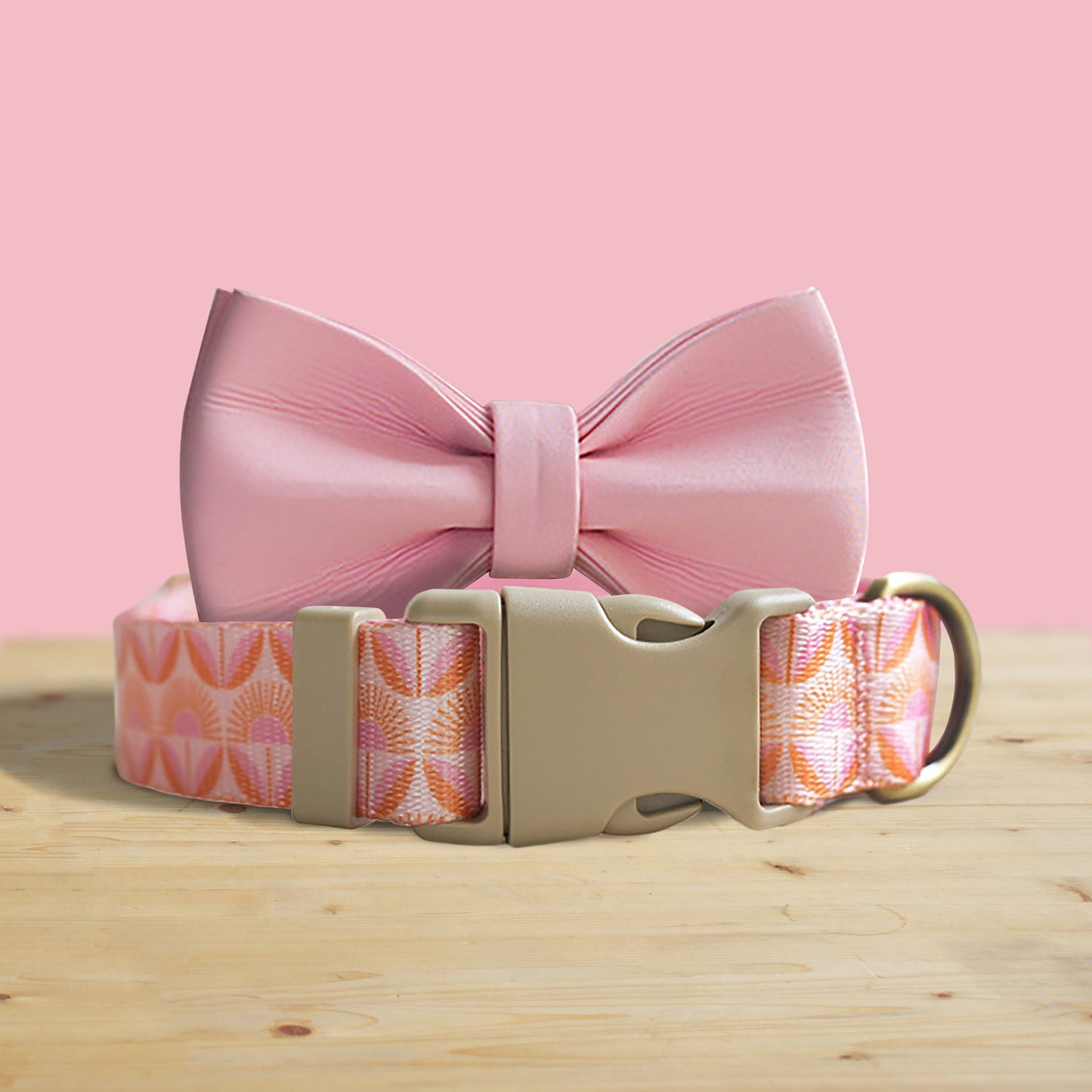 Sunrise Pink Floral Dog Collar Set with Engraved Buckle, Leash, Bowtie