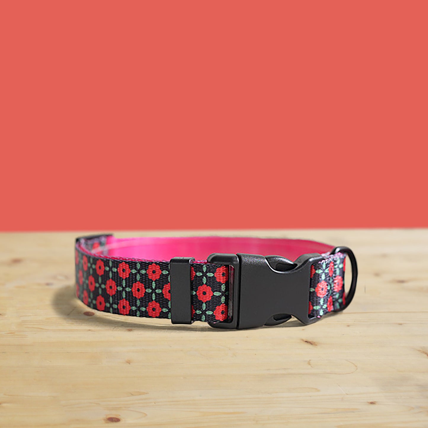 Personalized Red Daisy Dog Collar and Leash Set, Engraved Buckle, Nylon Fabric