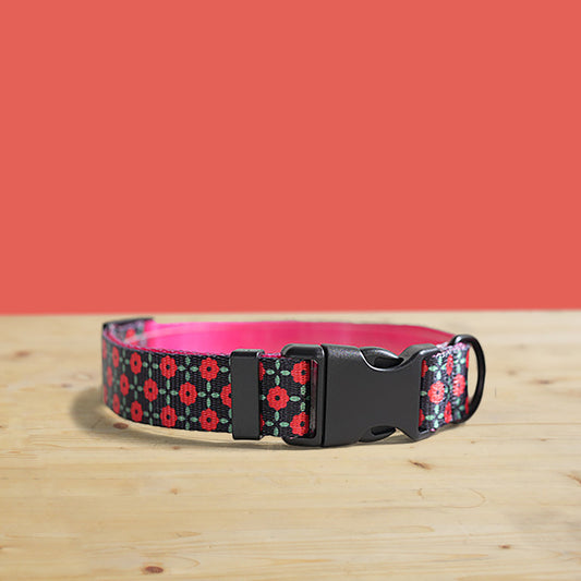 Personalized Red Daisy Dog Collar and Leash Set, Engraved Buckle, Nylon Fabric