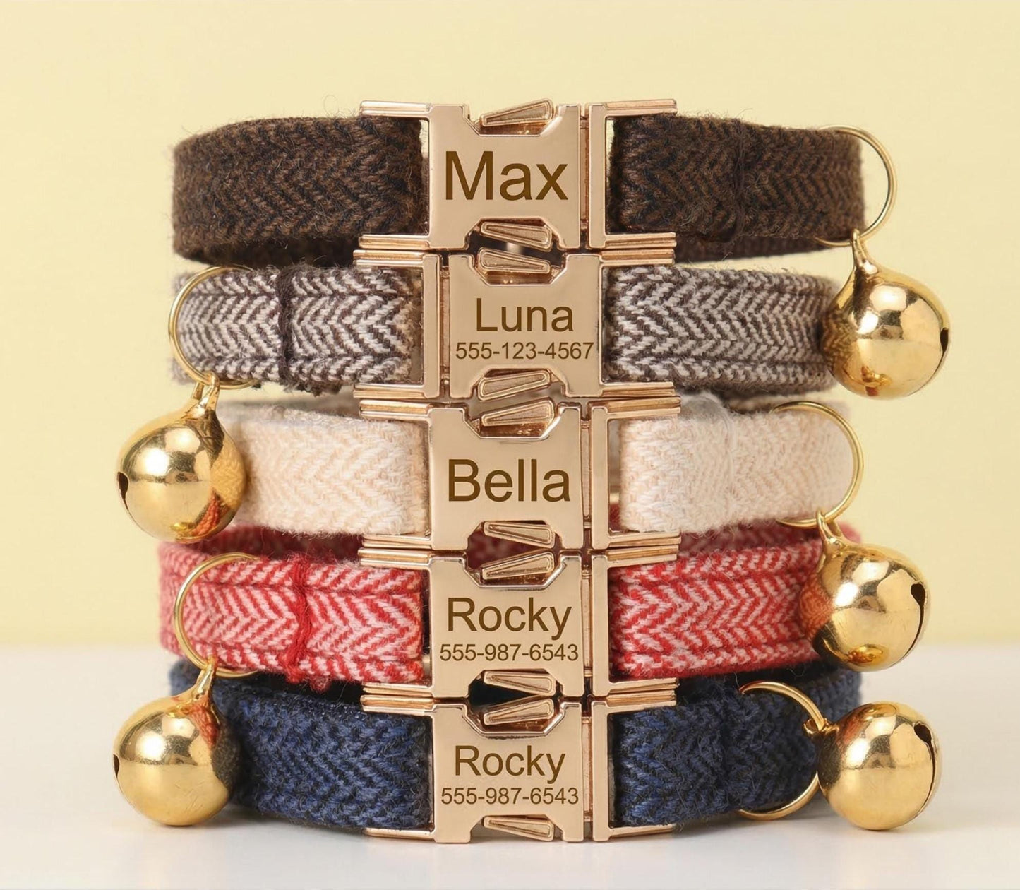Personalized Tweed Cat Collar, Engraved Gold Buckle, Adjustable Pet Safety Accessory