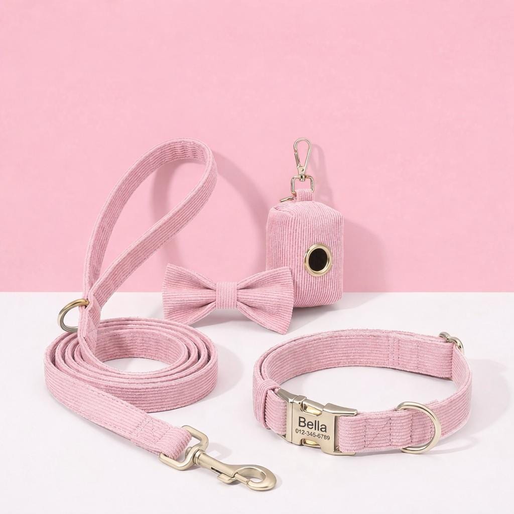 Personalized Pink Corduroy Dog Collar and Leash Set, Gold Buckle, Bowtie Bag