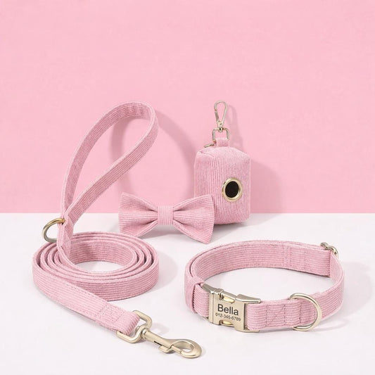Personalized Pink Corduroy Dog Collar and Leash Set, Gold Buckle, Bowtie Bag