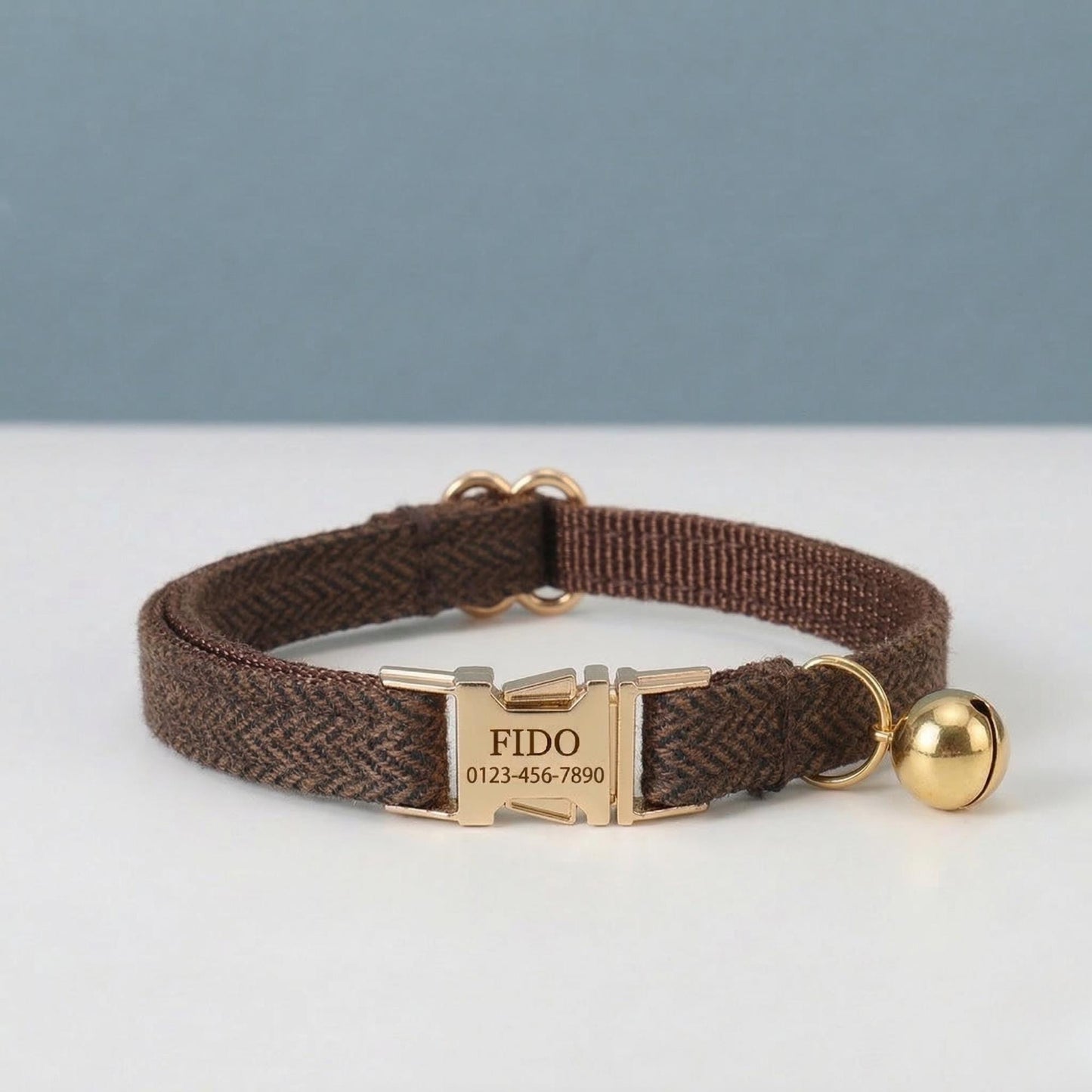 Personalized Tweed Cat Collar, Engraved Gold Buckle, Adjustable Pet Safety Accessory