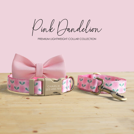 Pink Dandelion Dog Collar Leash, Personalized Engraved Name Buckle, Nylon Fabric, Handmade Pet Accessory