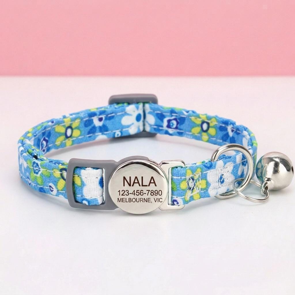 Personalized Cat Collar Safety Buckle | Light Blue Floral Polyester | Adjustable 19-30cm