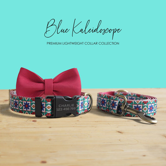Blue Kaleidoscope Dog Collar, Leash, Personalized Engraved Buckle, Nylon Fabric, Handmade Pet Accessory
