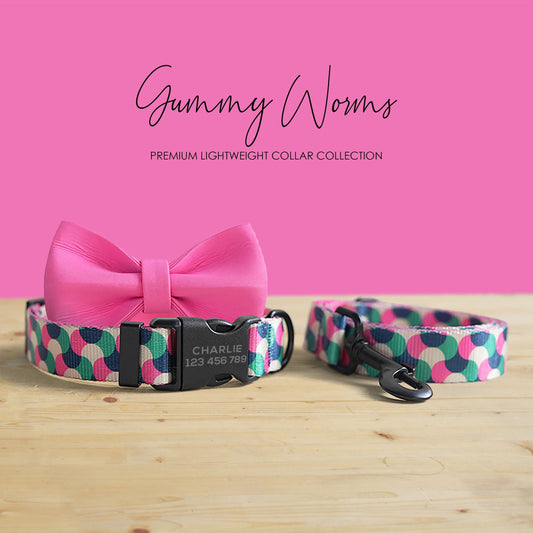 Personalised Dog Collar Gummy Worms Colorful Pink Lightweight, Leash, Bowtie with Engraved Name Buckle