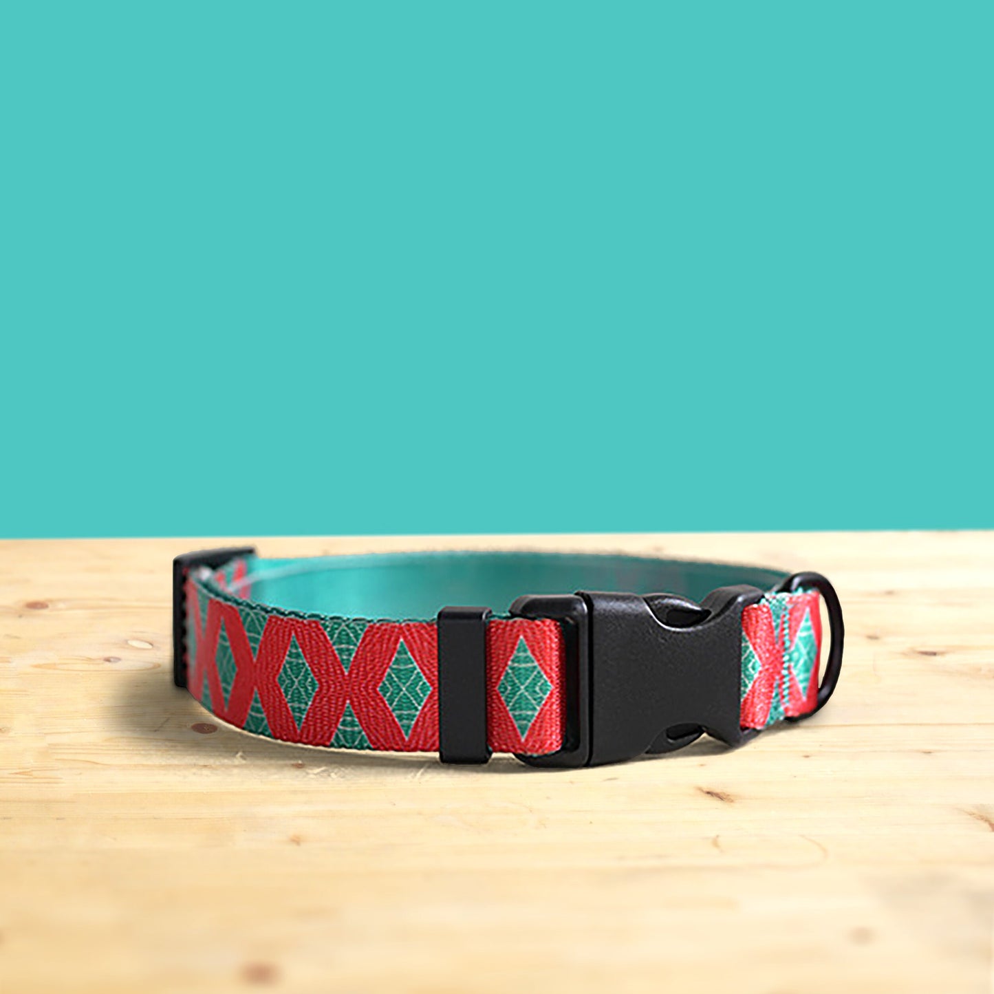 Personalized Dog Collar and Leash Set, Red Green Pattern, Engraved Name Buckle