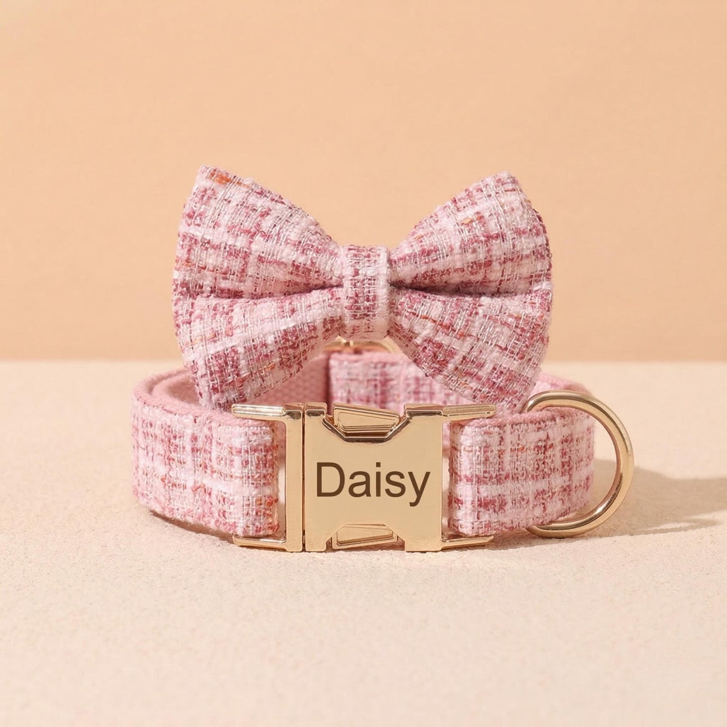 Personalized Tweed Bow Dog Collar with Name, Pink | Purple | Black | White Bouclé Puppy Collar with Gold Buckle, Cute Girl Dog Collar