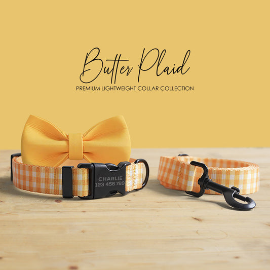 Personalized Butter Plaid Dog Collar, Leash, Bowtie Set – Engraved Name Buckle