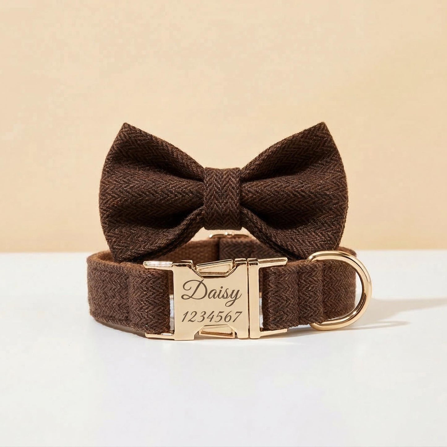 Personalized Tweed Dog Collar with Bow Tie, Engraved Name Pet Collar, Gold Buckle Set