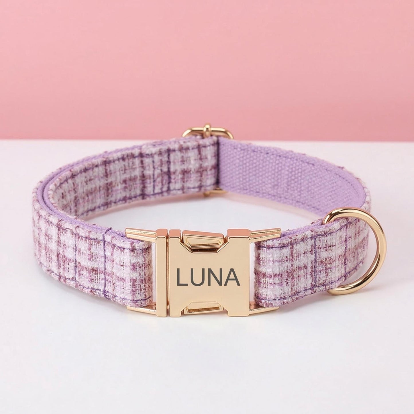 Personalized Tweed Bow Dog Collar with Name, Pink | Purple | Black | White Bouclé Puppy Collar with Gold Buckle, Cute Girl Dog Collar