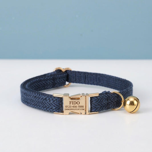 Personalized Tweed Cat Collar, Engraved Gold Buckle, Adjustable Pet Safety Accessory
