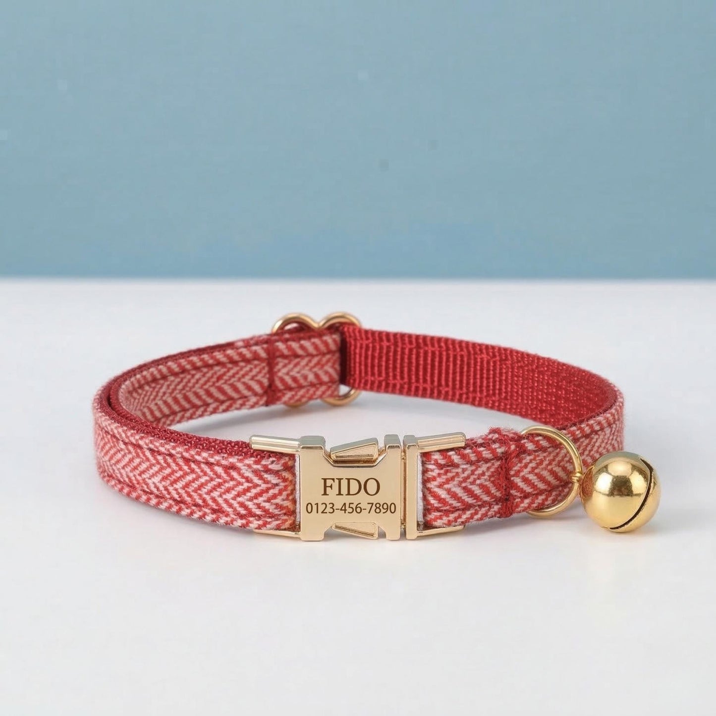 Personalized Tweed Cat Collar, Engraved Name Pet Collar, Gold Buckle, Adjustable Fit