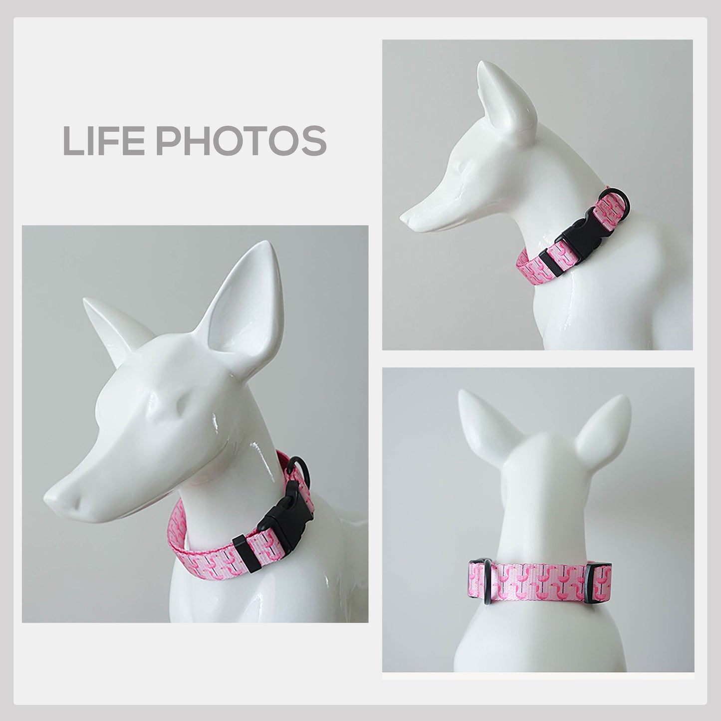 Sleeping Flamingos Pink Lightweight Personalized Dog Collar Set with Engraved Name Buckle & Leash Bowtie