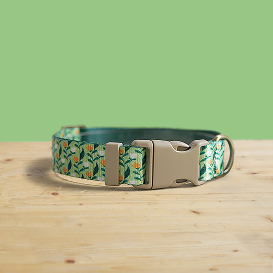 Flower Field Dog Collar, Personalized Nylon Leash, Engraved Name Buckle, Handmade Pet Accessory