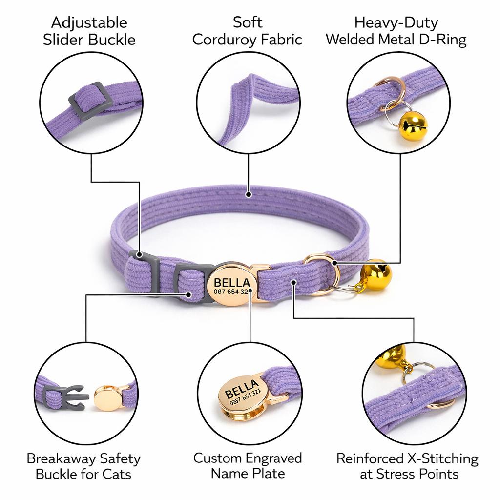 Personalized Corduroy Multi Solid Color Cat Collar with Bell, Custom Breakaway Safety Buckle, Adjustable