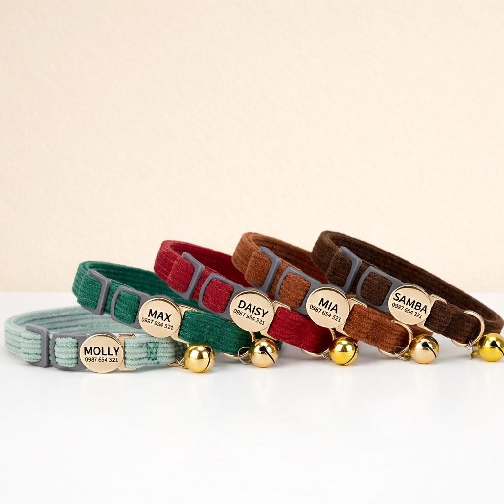 Personalized Corduroy Multi Solid Color Cat Collar with Bell, Custom Breakaway Safety Buckle, Adjustable