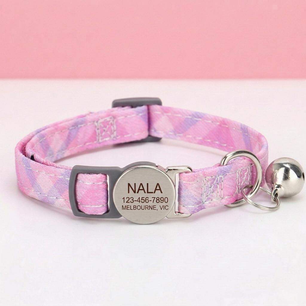 Personalized Cat Collar Safety Buckle | Pink Plaid Polyester | Adjustable 19-30cm