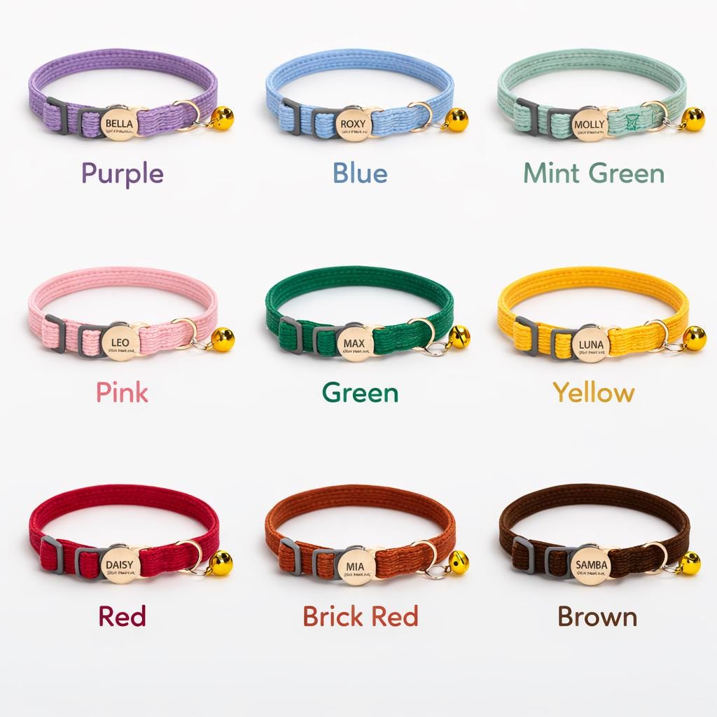 Personalized Corduroy Multi Solid Color Cat Collar with Bell, Custom Breakaway Safety Buckle, Adjustable