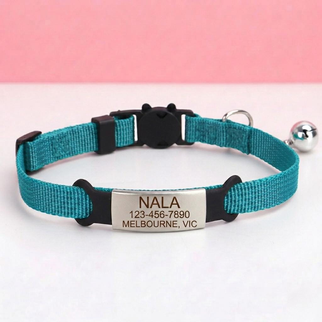 Personalized Cat Collar with Engraved Name, Bell, Breakaway Safety Buckle