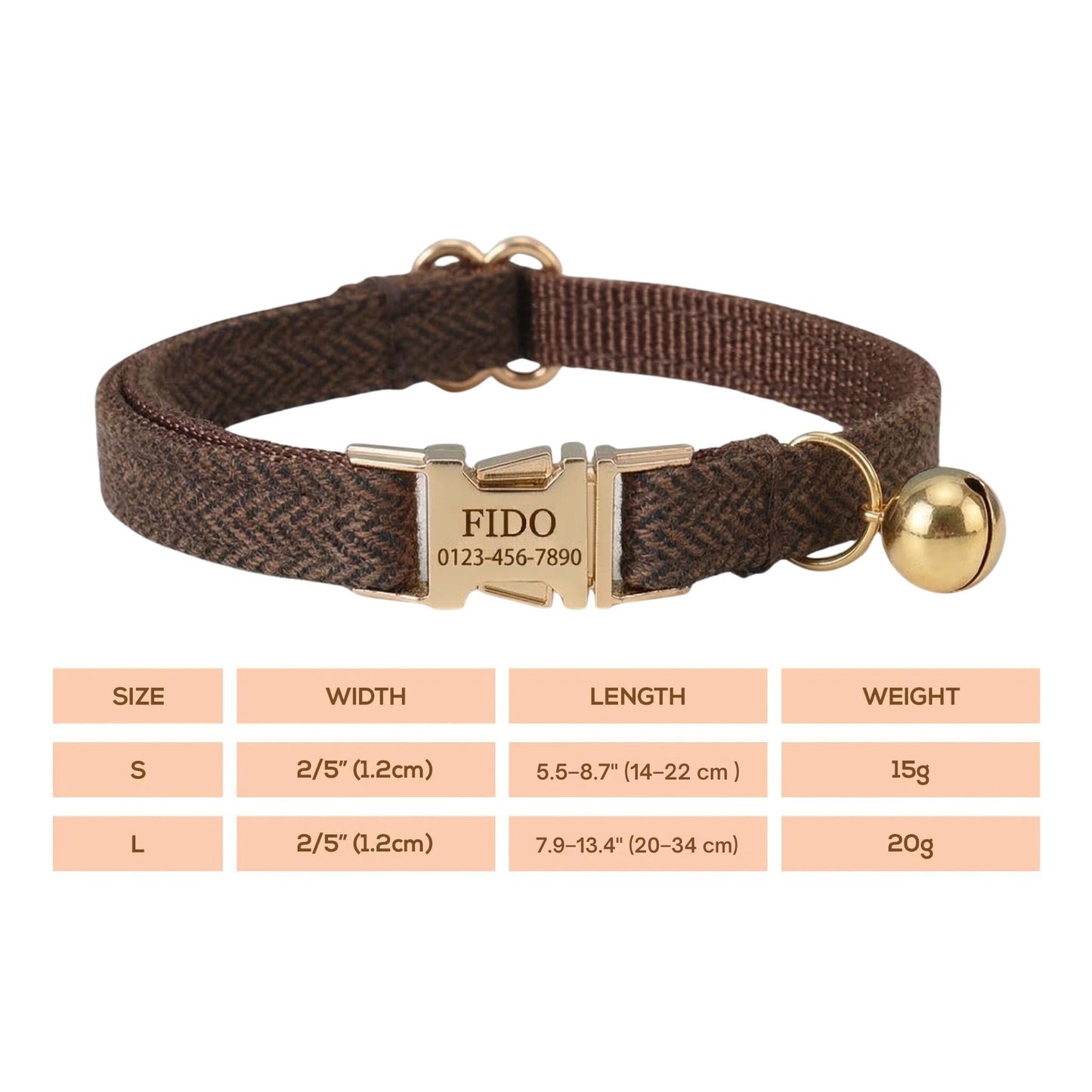 Personalized Tweed Cat Collar, Engraved Gold Buckle, Adjustable Kitten Safety Collar