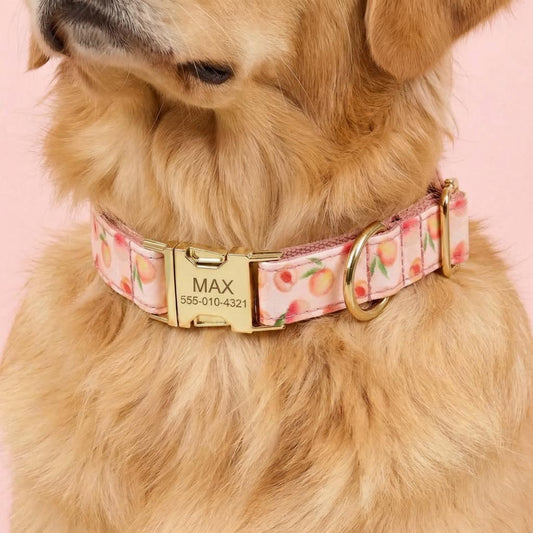 Personalized Dog Collar Harness Leash Set | Pink Peach Floral Pattern, Engraved Buckle