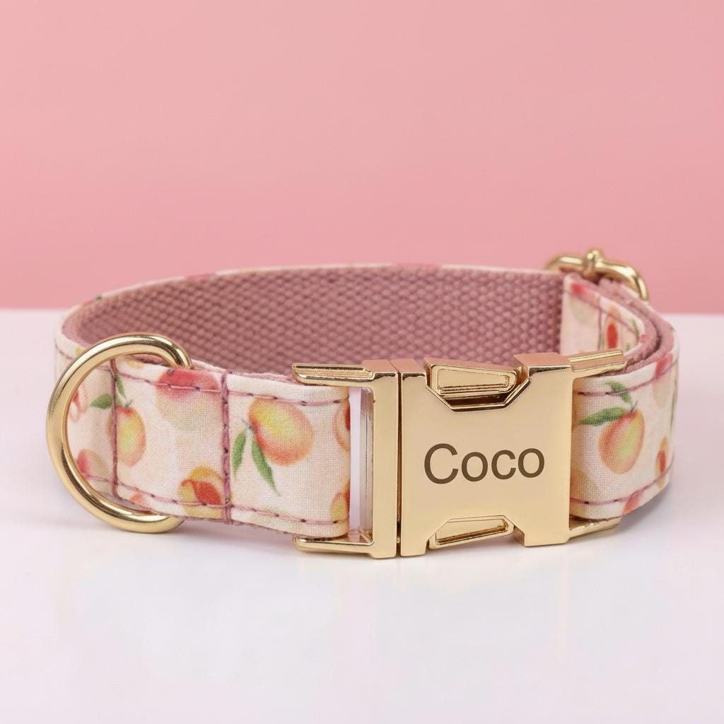Personalized Dog Collar Harness Leash Set | Pink Peach Floral Pattern, Engraved Buckle