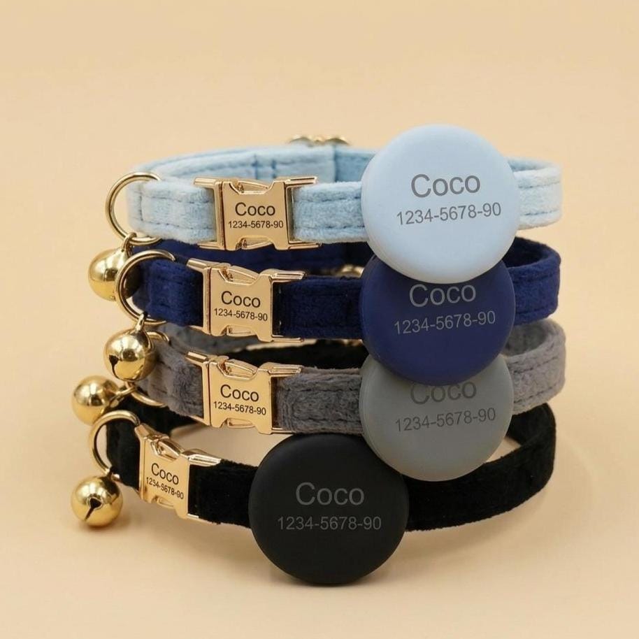 Personalized Velvet Cat Collar, Pink Lilac Mauve Red, Engraved Quick Release Buckle, Gold Bell & Engraved AirTag Holder