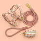 Personalized Dog Collar Harness Leash Set | Pink Peach Floral Pattern, Engraved Buckle