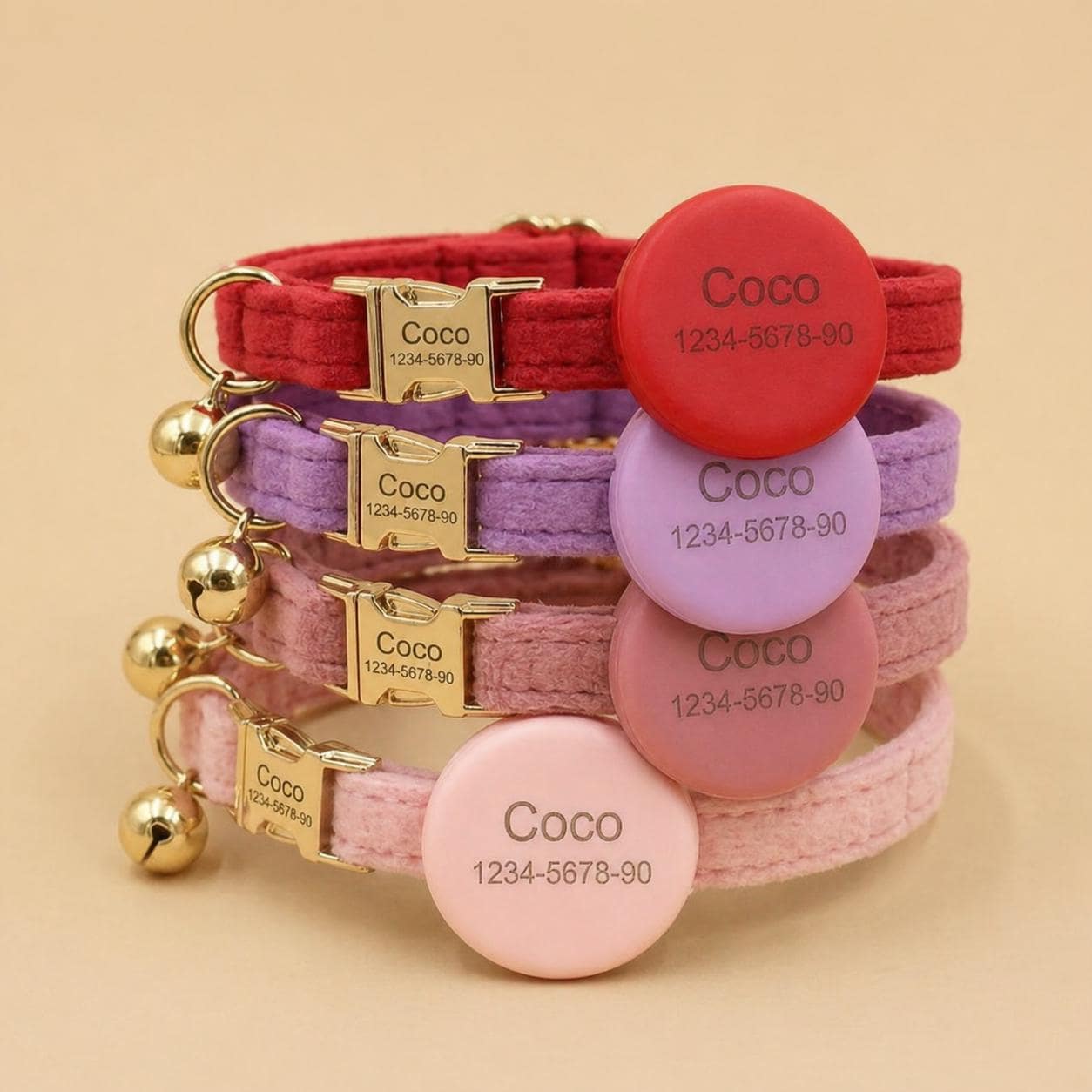 Personalized Velvet Cat Collar, Pink Lilac Mauve Red, Engraved Quick Release Buckle, Gold Bell & Engraved AirTag Holder