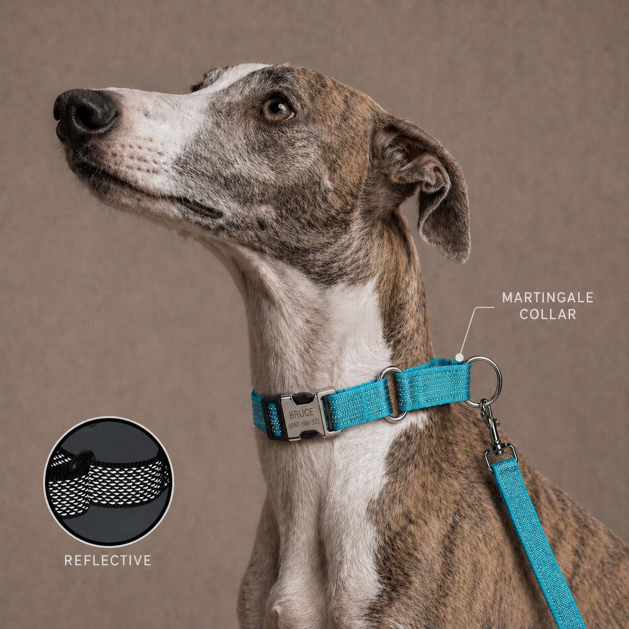 Reflective No Pull Blue Dog Harness, Optional Personalized Martingale Collar & Optional Matching Leash, Custom Engraved for Sighthounds